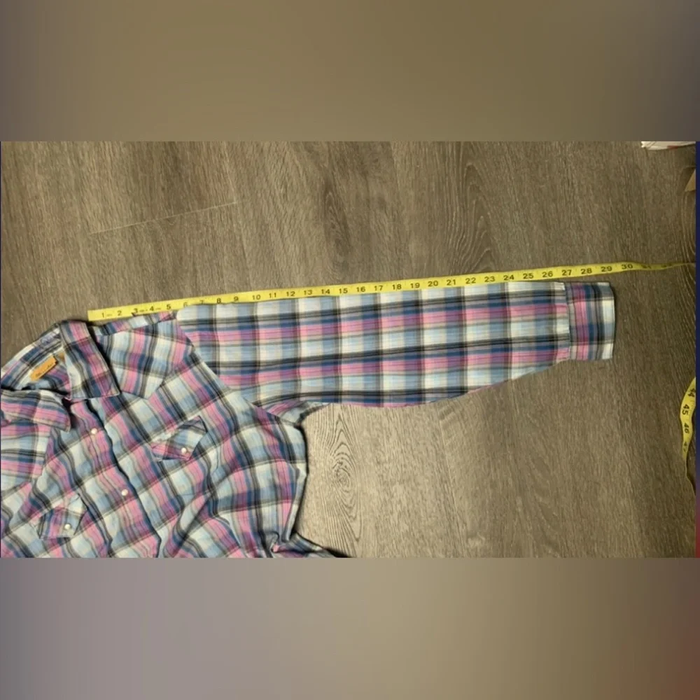 Wrangler Pearl Snap Shirt Plaid Long Sleeve Purple Pink Blue Western Cowgirl XL - Picture 7 of 7